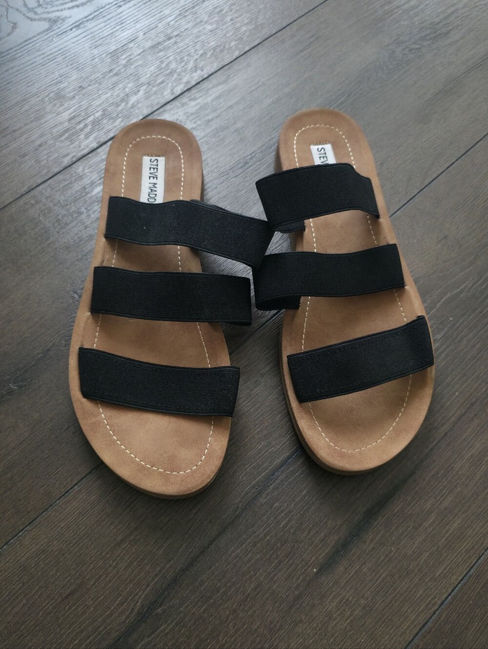 Steve Madden Black Triple-Band Slide Sandals with Tan Footbed